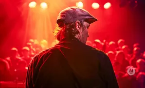 A person wearing a flat cap stands facing away from the camera on a dimly lit stage, with a blurred crowd in the background.