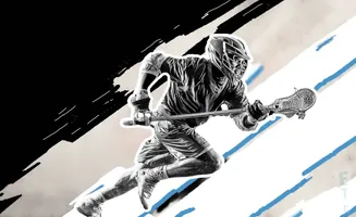 A black and white illustration of a lacrosse player running with a stick.