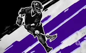 A black and white illustration of a lacrosse player in motion against a purple and white striped background.