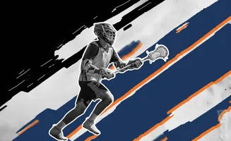 Lacrosse player in action, with a graphic background of diagonal blue, white, and orange stripes.