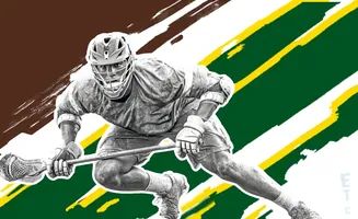 Lacrosse player in motion with a stick against a background of brown, green, and yellow stripes.