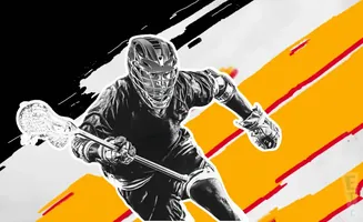 A black and white image of a lacrosse player in action against a backdrop of yellow and red streaks.