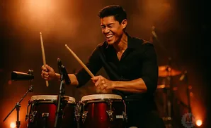 A drummer with a joyful expression plays conga drums with drumsticks, illuminated by warm stage lights.