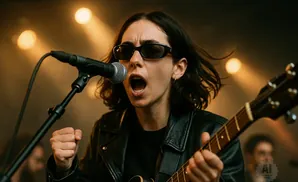 A singer with sunglasses passionately belts into a microphone while playing a guitar.