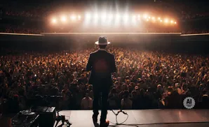 A performer in a hat and suit stands on stage before a cheering, cell-phone-lit crowd at a concert.