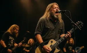 A long-haired man sings and plays guitar on stage with his band.