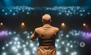 Man in a suit facing away from the camera on a stage with blurred audience lights.