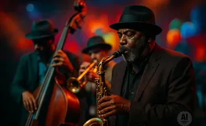 A jazz trio performs on stage: a saxophonist in the foreground, a trombonist and bassist in the background.