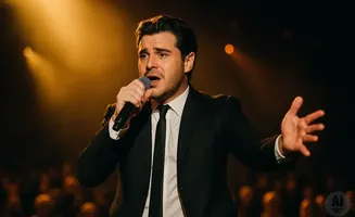 A man in a suit sings into a microphone on a stage, with audience members in the background.