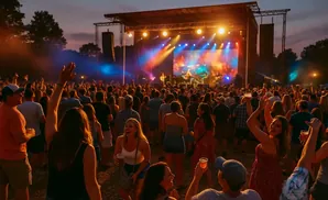 A crowd at an outdoor concert enjoys the show as the sun sets, with colorful lights illuminating the stage.