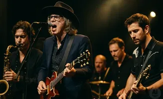 A rock band performs on stage, with the lead singer in the foreground playing guitar and singing.