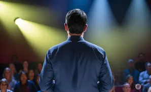 Man in a dark blue shirt facing away from the camera on a stage, with spotlights and an audience in the background.
