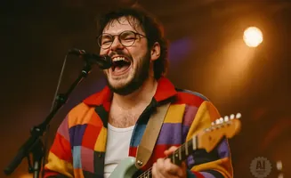 A man with glasses and a beard sings into a microphone while playing a light blue guitar, wearing a colorful, patched jacket.