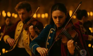 A group of people in period costumes play violins by candlelight.