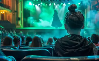 A child with their back to the camera watches a theatrical performance on a stage lit with green light.