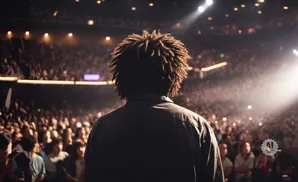 A person with dreadlocks stands on a stage, facing a large, dimly lit audience at a concert.