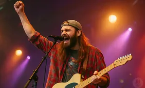 A man with long hair and a beard sings into a microphone, raising his fist while playing a guitar on stage.