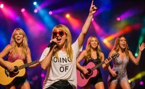 A female singer with heart-shaped sunglasses and two guitarists perform on a colorful, spotlighted stage.