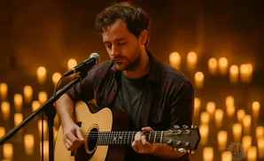 Man playing an acoustic guitar in front of a backdrop of lit candles.