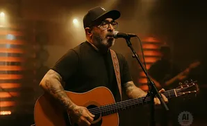 A man with a beard, glasses, and a cap sings into a microphone while playing an acoustic guitar.