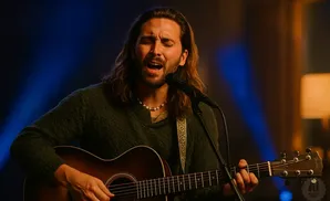 A man with long brown hair sings and plays an acoustic guitar in front of a microphone and blue lighting.