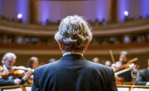 Back view of a conductor with curly gray hair leading an orchestra.