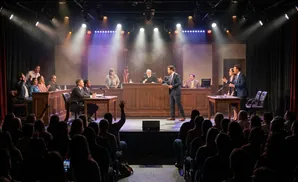A courtroom scene on stage with actors as a judge, lawyers, and jury, with an audience in the foreground.
