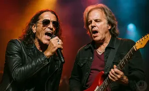 Two male rock musicians perform on stage, one singing into a microphone, the other playing a red guitar.