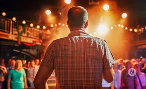 Man in plaid shirt facing away from camera on stage, with audience and string lights in the background.