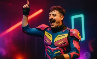 Man in colorful superhero costume with mustache raises a finger and laughs.