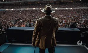 Man in a fedora and tan suit on stage facing a large crowd in a stadium.