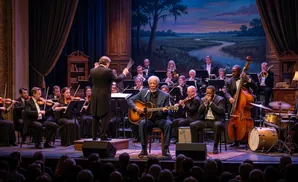 Morgan Freeman plays guitar with an orchestra and jazz band on stage.