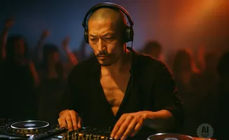 A DJ with headphones on, intensely focused on the mixing board, with a blurred crowd in the background.