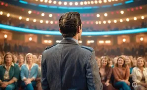 Man in a gray suit facing an audience in a theater, with his back to the camera.