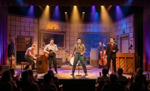 A band performs on a stage, with a singer in the center, a guitarist and pianist to the left, and a bassist to the right.