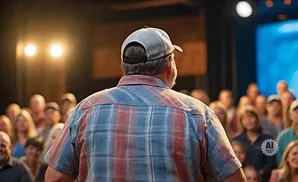 Man in a plaid shirt and baseball cap addresses a crowd.