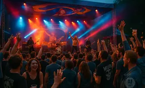 A rock band performs on an outdoor stage at night, lit by colorful stage lights, to an enthusiastic crowd.