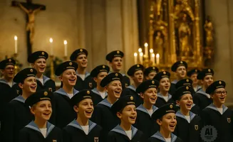 A choir of young boys in sailor-style uniforms and hats sing in a church.