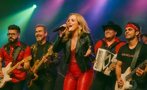 A female singer in a red jumpsuit and leather jacket performs with a band on stage.