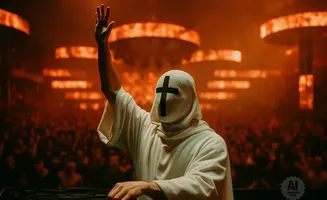 Person in white robe with a black cross on their head, raising their hand to a cheering crowd.