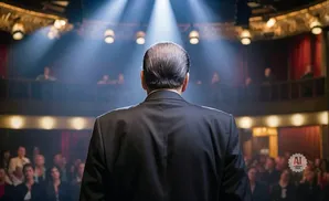Man in a suit stands with his back to the camera, facing a spotlight and an audience in a theater.