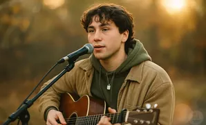 A man with curly brown hair sings into a microphone while playing an acoustic guitar outdoors.