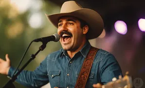 A man in a cowboy hat and denim shirt sings into a microphone, playing a guitar.