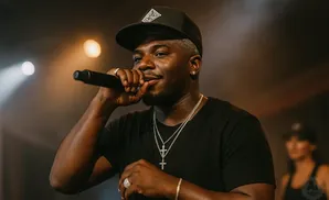 Rapper wearing a black t-shirt, black cap, and diamond necklaces performs into a microphone.
