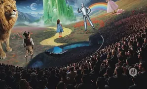 A panoramic mural of The Wizard of Oz scene, with characters like Dorothy, the Scarecrow, and the Tin Man, viewed by a large audience.