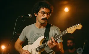 A man with curly hair and a mustache plays a white electric guitar under a spotlight.