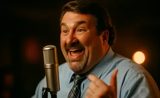 A man with a mustache and goatee laughs into a microphone, wearing a blue shirt and tie.
