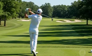 Golfer in white swings a club on a sunny golf course, with sand traps and trees in the background.