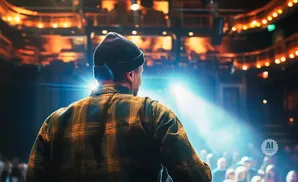 A person in a plaid shirt and beanie stands with their back to the camera, facing a bright stage light and an audience.