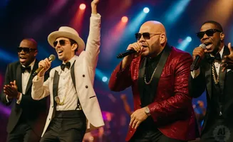 Four men in formal wear with bow ties and sunglasses sing into microphones on stage, illuminated by stage lights.